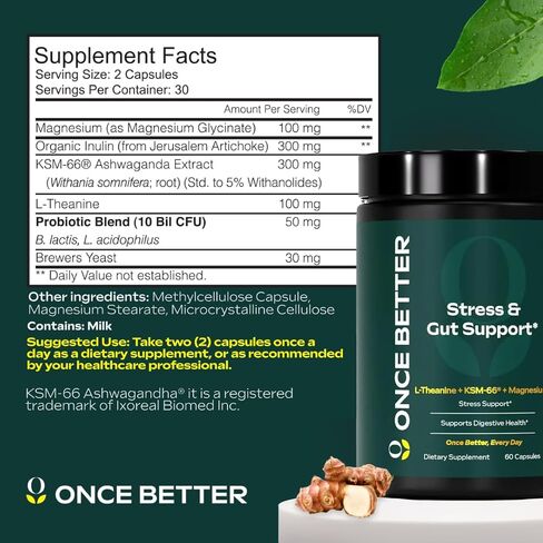 Once Better™️ Stress & Gut Support Supplement – Ashwagandha KSM-66®, L-Theanine, Magnesium Glycinate, Probiotics & Inulin for Digestive Health & Stress Relief – 60 Capsules - Men & Women in Kuwait