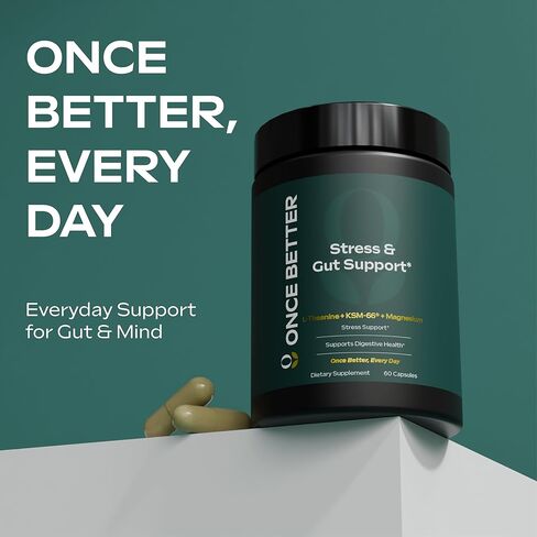 Once Better™️ Stress & Gut Support Supplement – Ashwagandha KSM-66®, L-Theanine, Magnesium Glycinate, Probiotics & Inulin for Digestive Health & Stress Relief – 60 Capsules - Men & Women in Kuwait