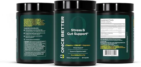 Once Better™️ Stress & Gut Support Supplement – Ashwagandha KSM-66®, L-Theanine, Magnesium Glycinate, Probiotics & Inulin for Digestive Health & Stress Relief – 60 Capsules - Men & Women in Kuwait