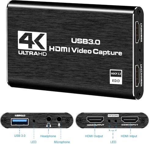 Capture Card, Video Capture Card 4K 1080P 60FPS, HDMI USB3.0 Capture Card Nintendo Switch, Game Capture Card for Live Streaming, Video Conference, Recording, Works with PS4/PS5/PC/OBS/DSLR in Kuwait