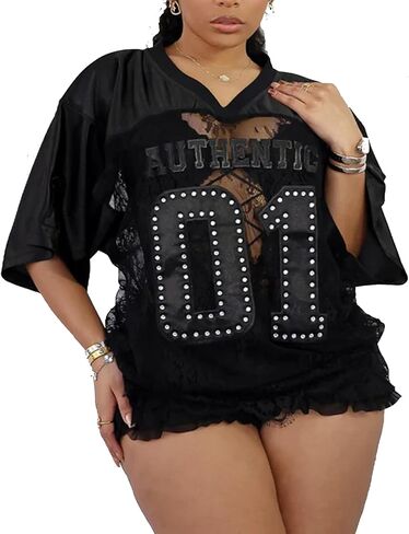 Women's Plus Size Letter Print Lace Sheer Jersey Shirt Half Sleeve V-Neck Oversized Lace Jersey Top in Kuwait