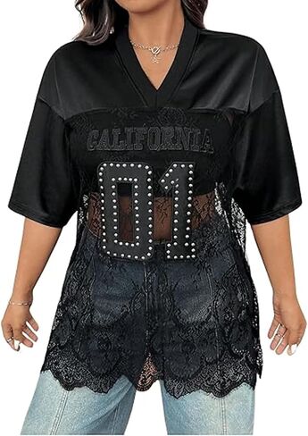 Women's Plus Size Letter Print Lace Sheer Jersey Shirt Half Sleeve V-Neck Oversized Lace Jersey Top in Kuwait
