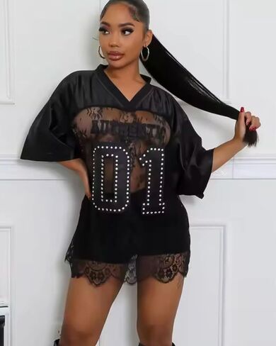Women's Plus Size Letter Print Lace Sheer Jersey Shirt Half Sleeve V-Neck Oversized Lace Jersey Top in Kuwait