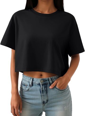 Trendy Queen Womens Crop Tops Oversized Workout Tshirts Short Sleeve Tees Summer Spring 2025 Casual Trendy Fashion Clothes in Saudi Arabia