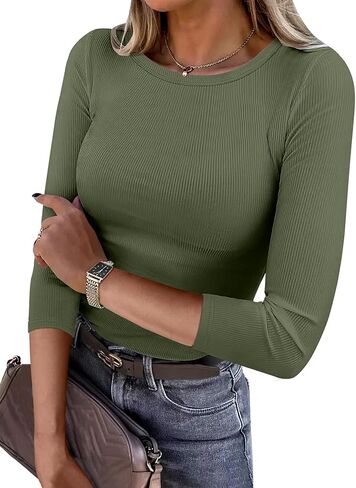 ANRABESS Women 3/4 Sleeve Crewneck Rib Knit Slim Fit Shirts Basic Tee Tops 2025 Summer Casual T-Shirt Workout Outfits Clothes in Kuwait