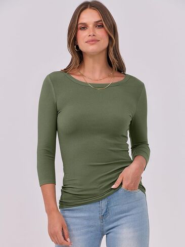 ANRABESS Women 3/4 Sleeve Crewneck Rib Knit Slim Fit Shirts Basic Tee Tops 2025 Summer Casual T-Shirt Workout Outfits Clothes in Kuwait