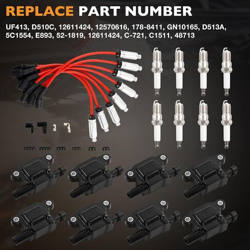 HQPASFY Ignition Coil UF413 & Iridium Spark Plug & Wires Set of 8 Compatible With Cadillac Escalade Chevrolet Silverado Express 1500 2500 3500 GMC Sierra Yukon 4.8L 5.3L 6.0L Rapalce# GN10165 in Kuwait
