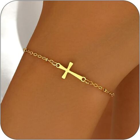 Cross Bracelet for Women 18K Gold Plated Dainty Pearl Beaded Cross Bracelets Adjustable Stainless Steel Trendy Wedding Bridesmaid Jewelry in Saudi Arabia