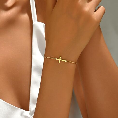 Cross Bracelet for Women 18K Gold Plated Dainty Pearl Beaded Cross Bracelets Adjustable Stainless Steel Trendy Wedding Bridesmaid Jewelry in Saudi Arabia