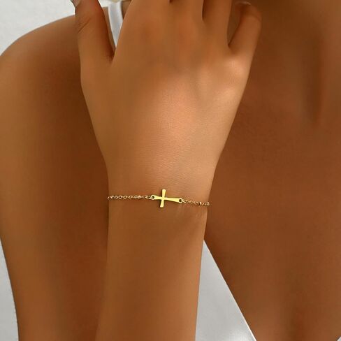Cross Bracelet for Women 18K Gold Plated Dainty Pearl Beaded Cross Bracelets Adjustable Stainless Steel Trendy Wedding Bridesmaid Jewelry in Saudi Arabia
