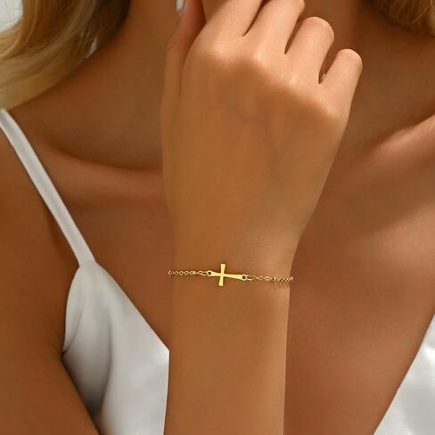 Cross Bracelet for Women 18K Gold Plated Dainty Pearl Beaded Cross Bracelets Adjustable Stainless Steel Trendy Wedding Bridesmaid Jewelry in Saudi Arabia