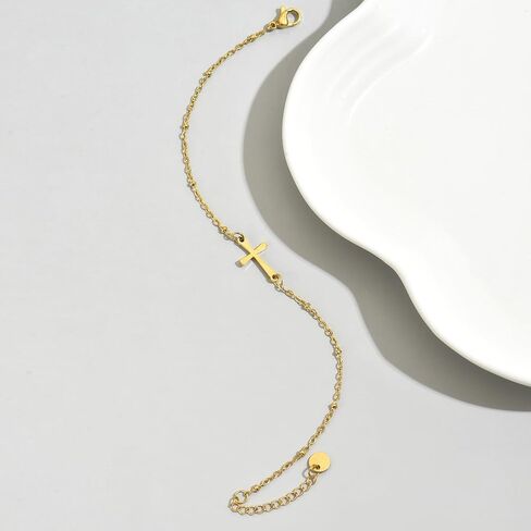 Cross Bracelet for Women 18K Gold Plated Dainty Pearl Beaded Cross Bracelets Adjustable Stainless Steel Trendy Wedding Bridesmaid Jewelry in Saudi Arabia
