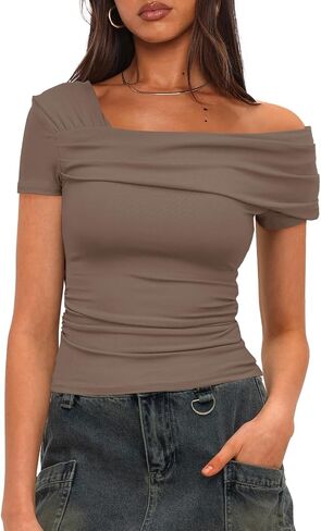 دارونغ الصيف الصيفي القصيرة واحدة من الكتف العلوي Ruched الخروج قمم قميص رفيعة in Saudi Arabia