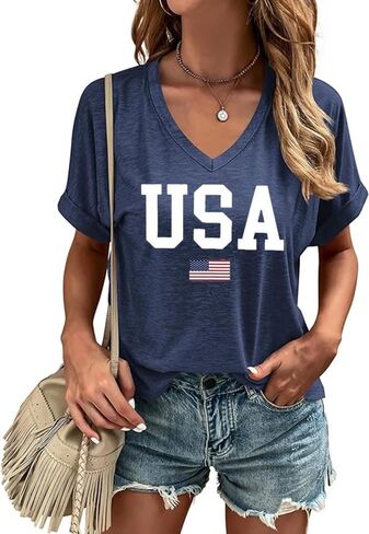 USA Flag V-Neck Shirt Women Star and Stripes Graphic Tops Red White and Blue Short Sleeve Tee Summer Patriotic T-Shirt in Saudi Arabia