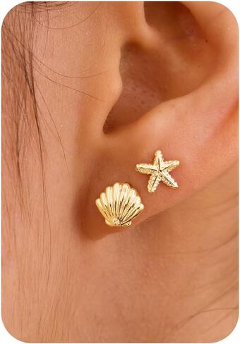 Gold Earrings for Women - 2 Pairs 14K Gold/Silver Plated Small Shell Starfish Turtle Seahorse Stud Earrings Set Beachy Jewelry for Women Gifts in Kuwait