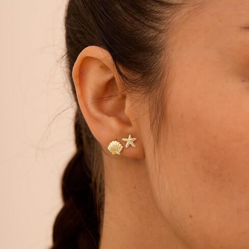 Gold Earrings for Women - 2 Pairs 14K Gold/Silver Plated Small Shell Starfish Turtle Seahorse Stud Earrings Set Beachy Jewelry for Women Gifts in Kuwait
