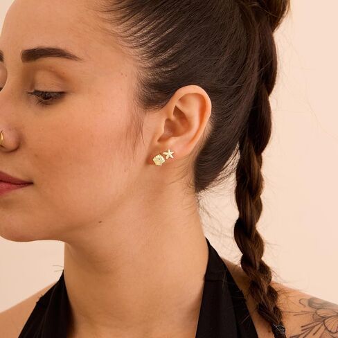 Gold Earrings for Women - 2 Pairs 14K Gold/Silver Plated Small Shell Starfish Turtle Seahorse Stud Earrings Set Beachy Jewelry for Women Gifts in Kuwait