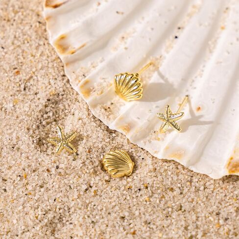 Gold Earrings for Women - 2 Pairs 14K Gold/Silver Plated Small Shell Starfish Turtle Seahorse Stud Earrings Set Beachy Jewelry for Women Gifts in Kuwait