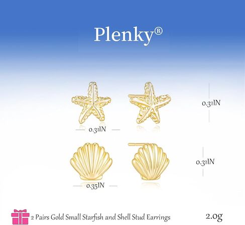 Gold Earrings for Women - 2 Pairs 14K Gold/Silver Plated Small Shell Starfish Turtle Seahorse Stud Earrings Set Beachy Jewelry for Women Gifts in Kuwait