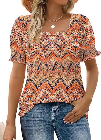 Weeso Womens Summer Tops 2025 عصرية مربعة الرقبة بلوزات قصيرة الأكمام نفخة in Kuwait