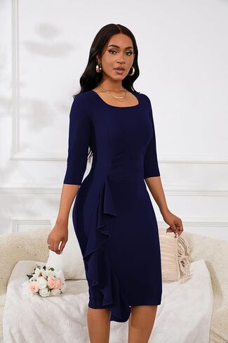 Womens 1950s Vintage Bodycon Dress 3/4 Sleeve Square Neck Cocktail Pencil Sheath Midi Dress Elegant in Kuwait