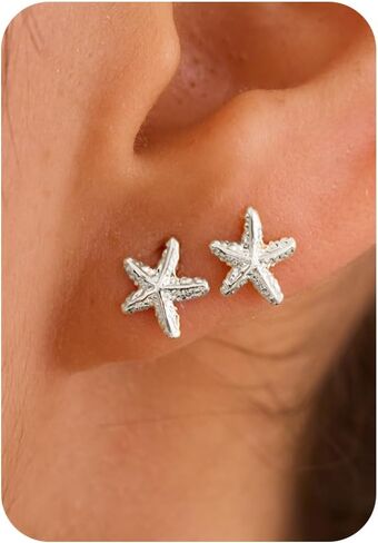 Gold Earrings for Women - 2 Pairs 14K Gold/Silver Plated Small Shell Starfish Turtle Seahorse Stud Earrings Set Beachy Jewelry for Women Gifts in Kuwait