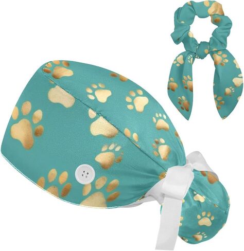 Paws Red Hearts Scrub Cap Surgical Nurse Cap Women Long Hair Ponytail Pouch Tie Back Hats in Saudi Arabia