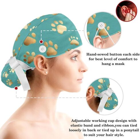 Paws Red Hearts Scrub Cap Surgical Nurse Cap Women Long Hair Ponytail Pouch Tie Back Hats in Saudi Arabia
