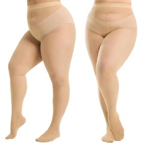 2 Pairs Plus Size Tights for Women, 40D Semi Sheer T-Crotch Pantyhose High Waist Stockings with Reinforced Toe