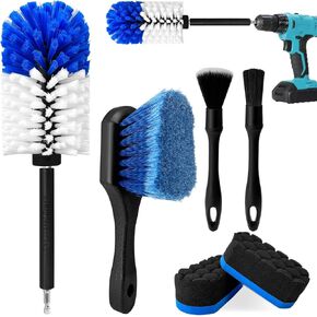 Wheel Brush Kit, Soft Drill Wheel Cleaner Brush, Tire Brush, Detailing Brush, and Detailing Pads, No Scratches Car Wheel Cleaning Kit for Wheels, Tires, Rims, Engines, Exhaust(Blue+White, 6 Pk)