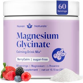 Magnesium Glycinate Powder + L-Theanine | 60 Servings | 300 mg per Scoop High Absorption Chelated Magnesium Powder for Sleep - Natural Mixed Berry Flavor, No Sugar, Support Restful Sleep & Relaxation