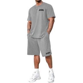 Men's Big and Tall Two Piece Tracksuit Letter Print Short Sleeve T Shirt Track Shorts Set