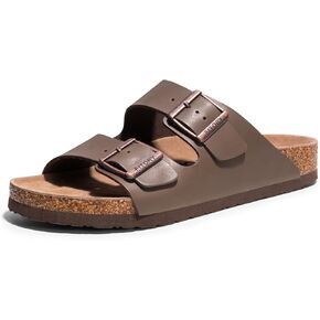 FITORY Mens Leather Sandals with Arch Support, Open Toe Slides Adjustable Buckles for Summer Size 7-13