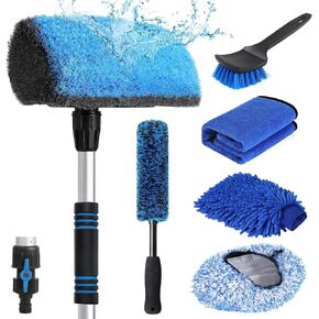 63'' Flow-Thru Car Wash Brush with Long Handle, Complete Soft Bristles Car Washing Brush Mop Kit, with Car Brush Head Cover, Wash Mitt, Towel, Wheel Tire Brush for Car, Truck, RV, House, Boat Cleaning