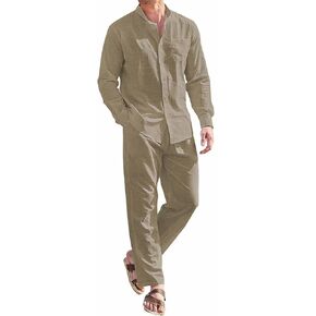 BDAILKA Men's 2 Piece Linen Sets Button Down Shirt Long Sleeve Casual Drawstring Waist Pants Set Tracksuit