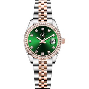 Women's Crystal Accented with Solid Alloy Steel Band Watch Elegant Dress Quartz Calendar Watches for Women