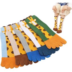 5 Pairs Kids Five Toe Socks, Soft Breathable Giraffe Pattern Cotton Toe-Separated Socks for 3-12 Years