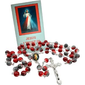 Divine Mercy Rosary Set Metal Center and Cross with Large Acrylic Beads and Holy Prayer Card