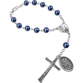 TALISMAN4U Saint Michael Guardian Angel Medal Rosary for Car Rearview Mirror Glass Beads Our Lady of Fatima Catholic One Decade Auto Rosary Bracelet for Women Men Religious Gift
