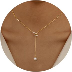 Pearl Lariat Necklaces for Women Mom S925 Sterling Silver Dainty Spiral CZ Pearl Pendant Long Necklace Sparkle Y-Shape Necklaces Pearl Drop Necklace Gold Jewelry Gifts for Brides Wedding Chain 17+2''