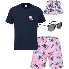 4 PCS Men Men's Hawaiian Shirt و Short Summer Coconut Tree Tracksuit Rempstring Short Bucket Hats Hats Sunglasses
