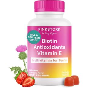 Pink Stork Biotin, Antioxidants, Vitamin E Multivitamin for Teens - Clinically Studied Vitamins + Nutrients for Teens - Beautiful Hair, Radiant Skin, Strong Nails, + Immune Support - 60 Berry Gummies