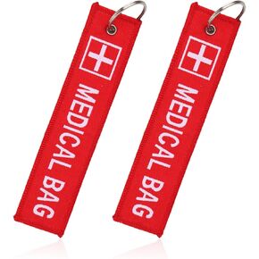BOXOB 2pcs Medical Alert Tags for Bag, Double-Sided Medic Equipment Device Luggage ID Tag Durable Red Keychain for Backpack Luggage