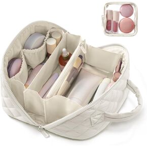 Lovevook Travel Makeup Bag للنساء ، 2 مساءً مجموعة منظم مستحضرات تجميل مقاومة للماء ، وحقيبة أشيب مسطحة ذات سعة كبيرة مع مقسم ومقبض ، هدية محمولة لها ، وردي