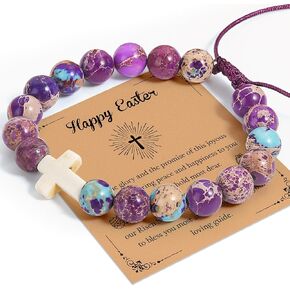 Lacchoufee Easter Cross Bracelet Gifts Christian for Women - Cross Beaded Bracelets for Basket Stuffs ، Natural Stone Mistric Denious Moleder Baselets Easter For Women ،
