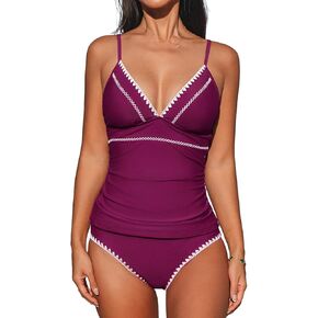 CUPSHE Women's Tankini Sets Two Piece Swimsuit V Neck Ruched Shell Stitched Bathing Suit Spaghetti Adjustable Straps