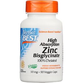 Doctor's Best Zinc Bisglycinate High Absorption 100% Chelated 50 MG, Non-GMO, Vegan, 90 Veggie Capsule (Pack of 1)
