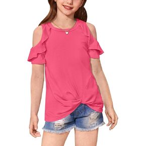 BesserBay Girl's Cold Shoulder Twist Knot Front Tunic Shirt Ruffle Trim Crew Neck Short Sleeve Tee 6-14 Years