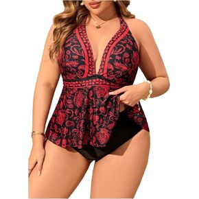MakeMeChic Women's Plus Size Floral Tankini Sets 2 Piece High Waist Halter Boho Tankini Swimsuits