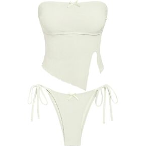 ZAFUL Women's Bandeau Tankini Swimsuit Asymmetrical Slit Bowknot String High Cut Fairyland Cheeky Bathing Suit